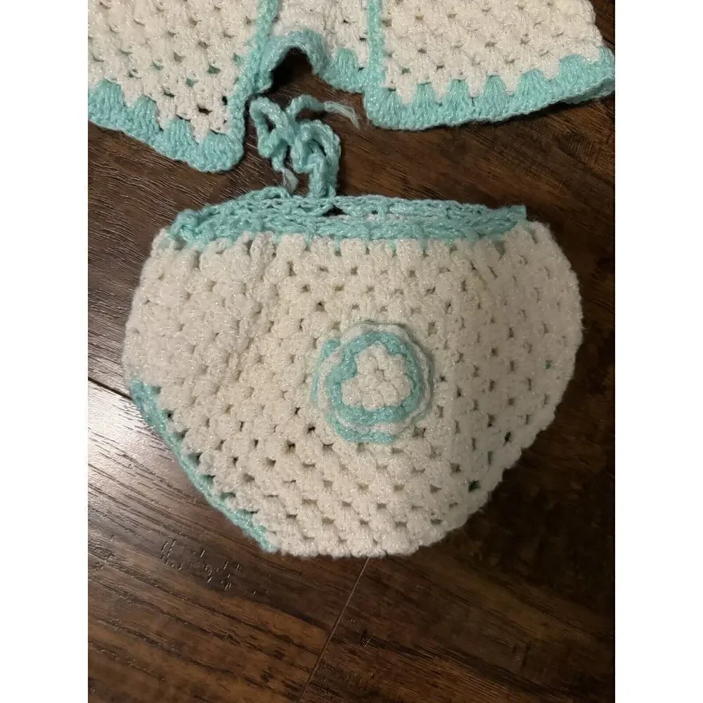 Handmade Crochet White Blue Baby Sweater And Bottoms 0-6 months Vintage